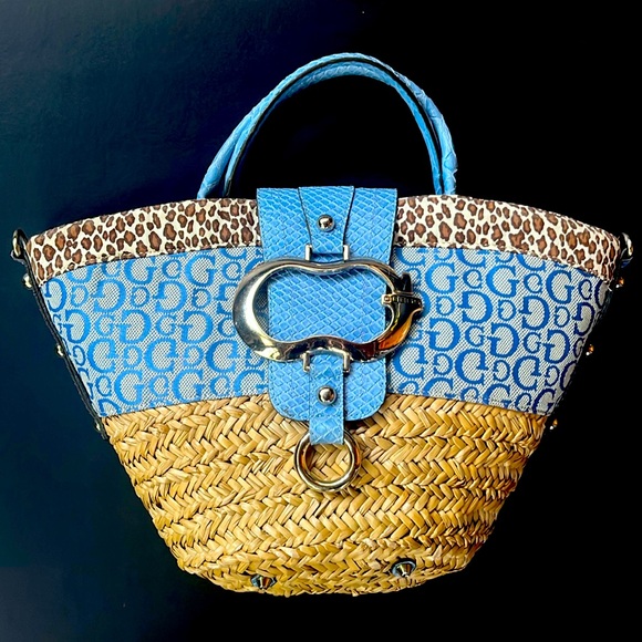 Y2K Guess Tote in Straw & Blue - Picture 1 of 7